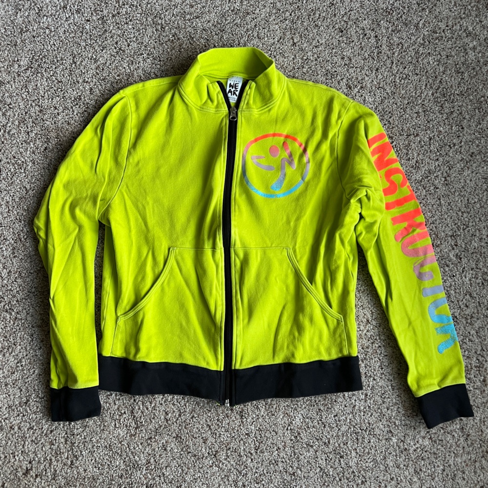 Zumba Fitness Neon Lime Zip Hoodie with Multicolor Smile and Sleeve Text